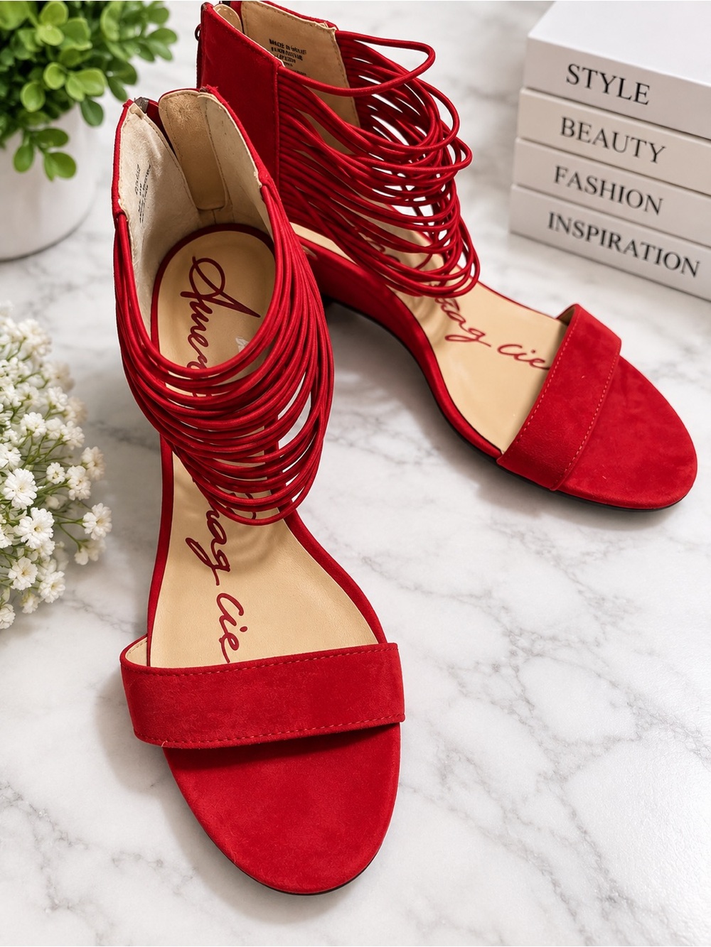 American Rag Cie Red Suede Lace-Up Wedge Sandals – Size 9.5M